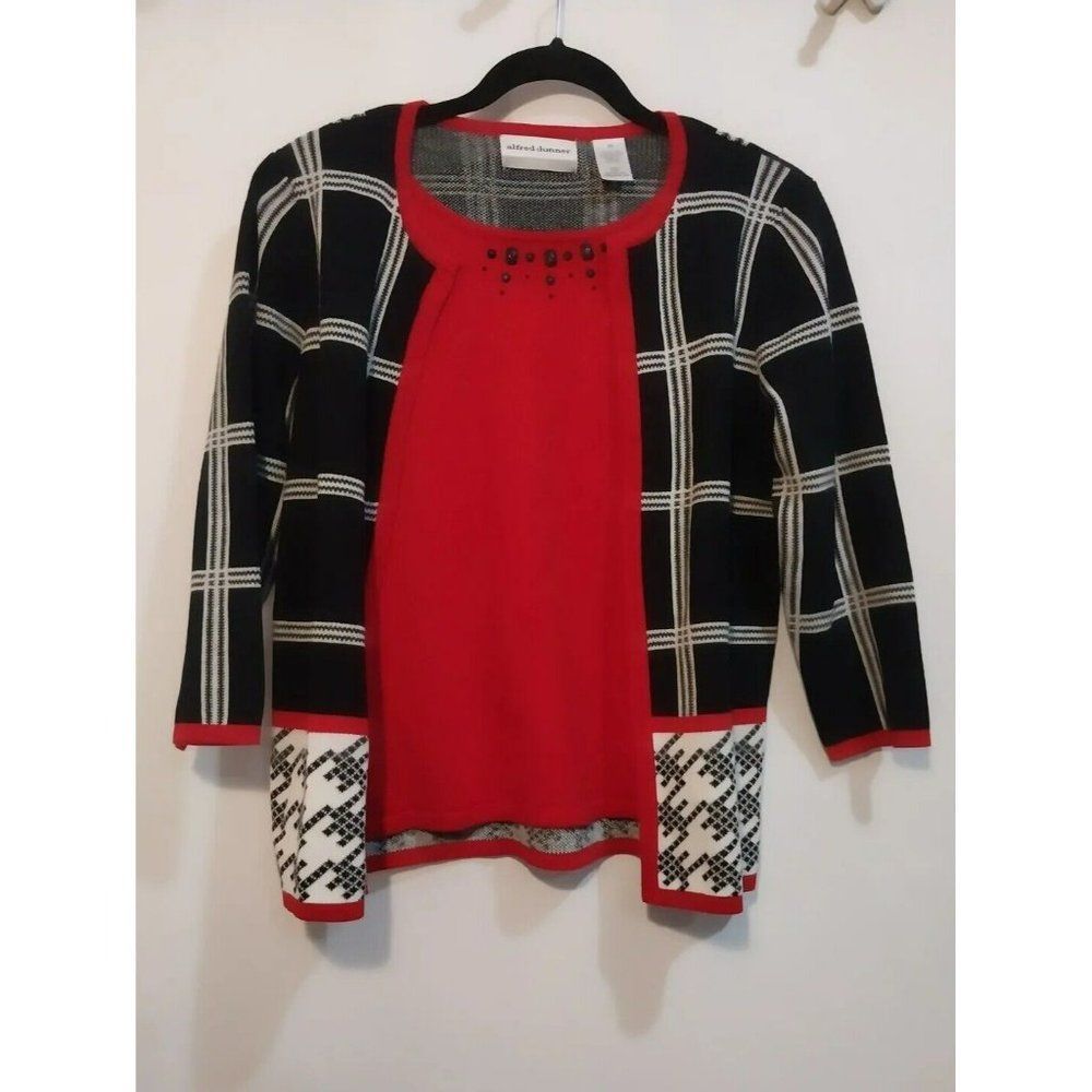 Womens Alfred Dunner Sweater Petite Small Faux 2 Piece Black White Red Geometric